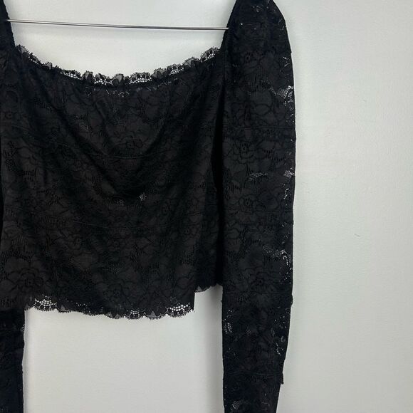 GUESS Kristy Off-The-Shoulder Lace Top Black Sheer 3/4 Sleeves Sz L - Picture 10 of 12